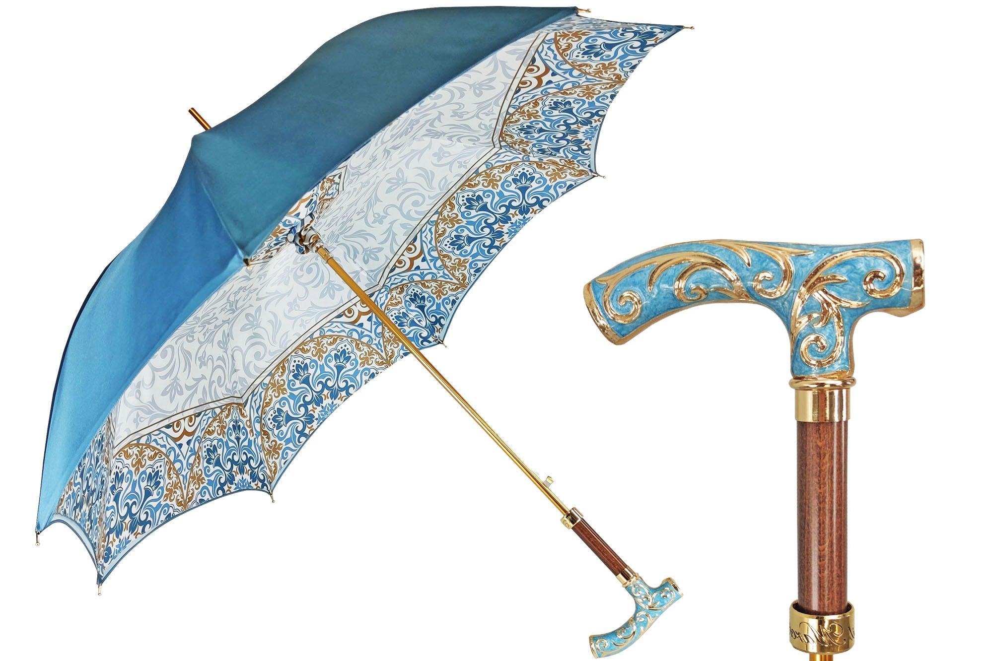 Refined ladies rain umbrella featuring a hand-painted design and a 24K gold handle, showcasing elegant craftsmanship.