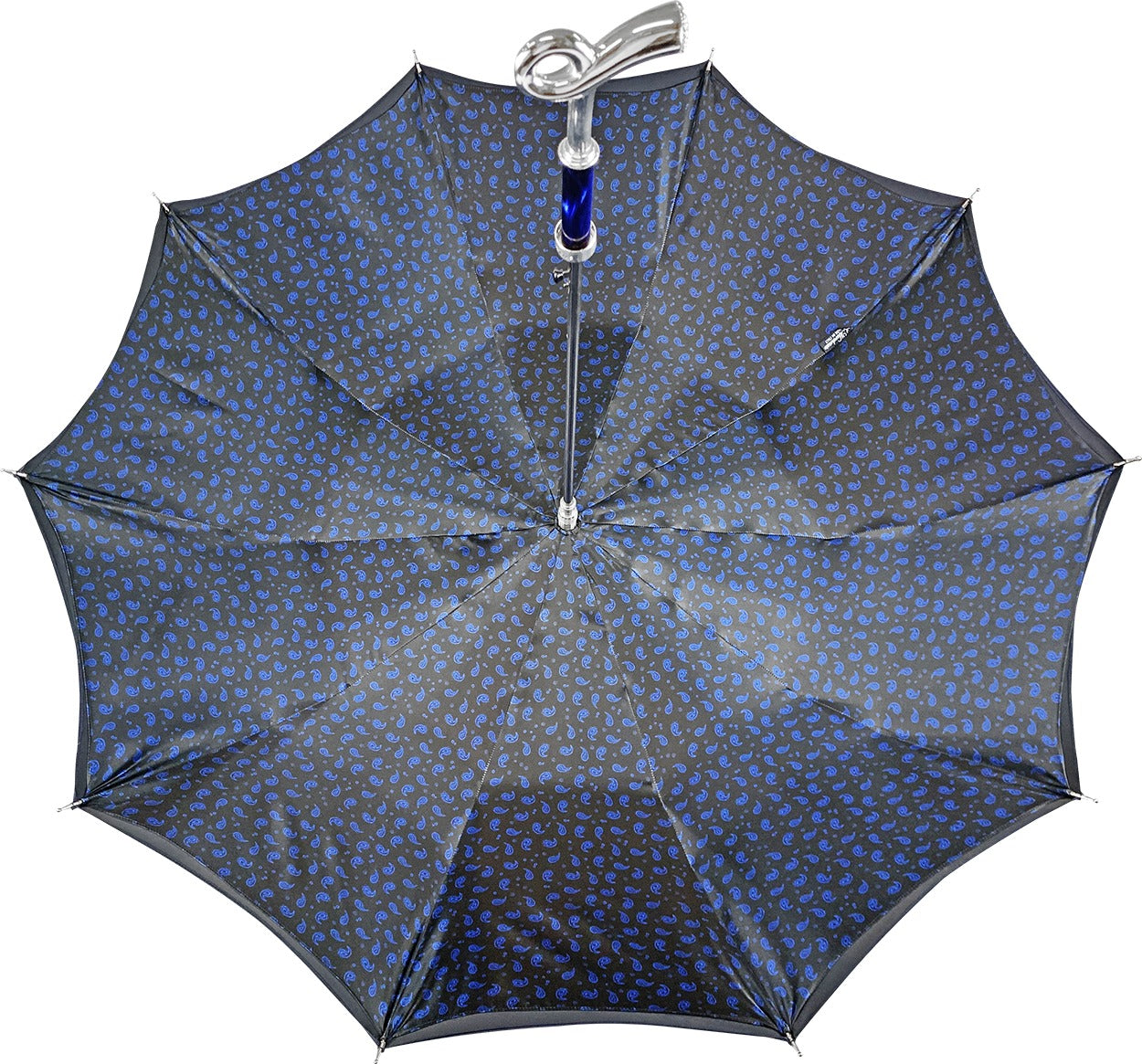 Elegant Ilmarchesato blue double-canopy umbrella with a silver-plated handle, showcasing its stylish design.