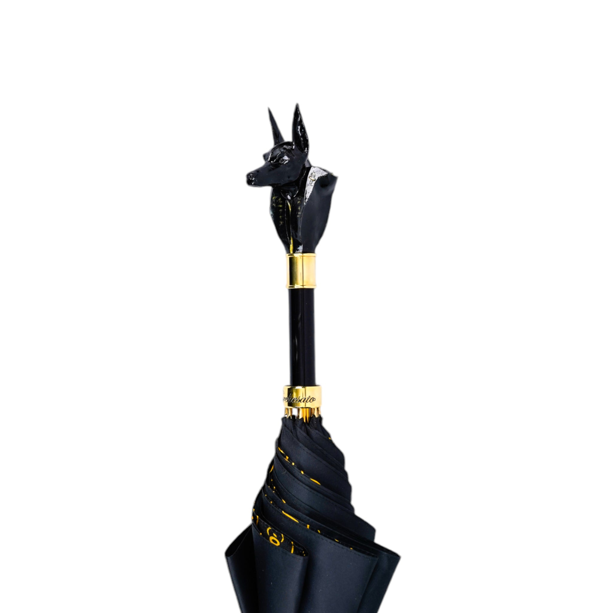 Ilmarchesato Exclusive Anubi umbrella featuring 24K gold-plated accents, designed for men with elegance and style.