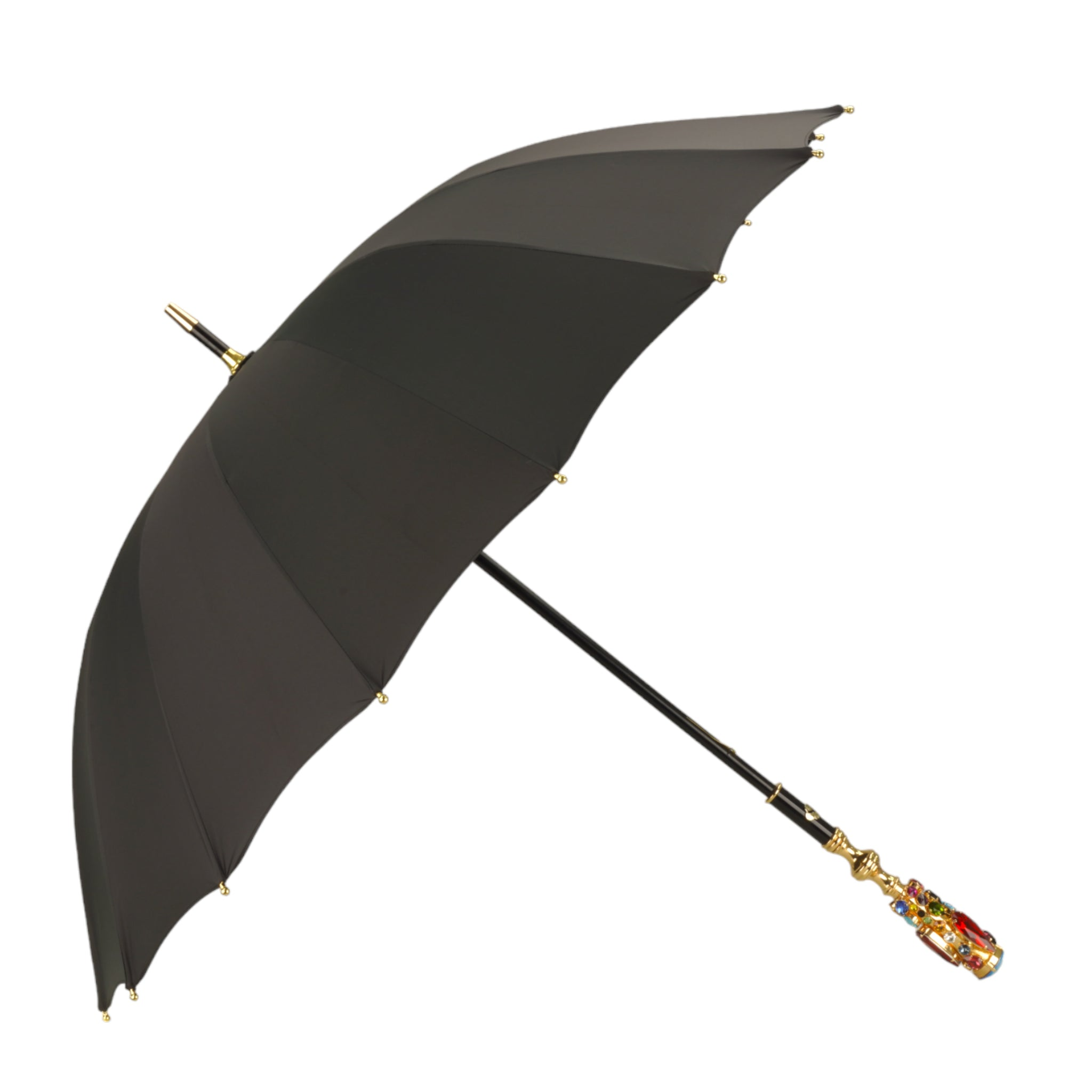 Limited Edition Umbrella – Black Jaquard Canopy | Handmade Gold Handle & Crystal Droplets