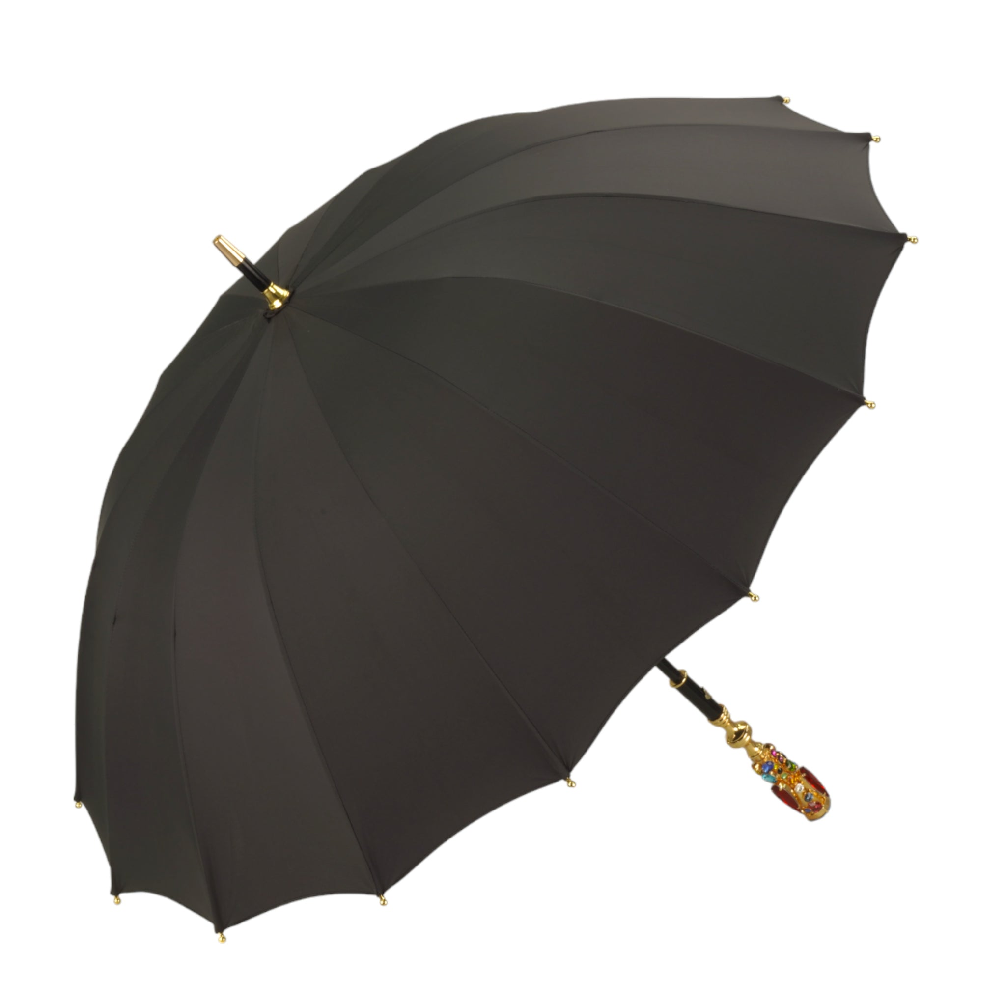 Limited Edition Umbrella – Black Jaquard Canopy | Handmade Gold Handle & Crystal Droplets