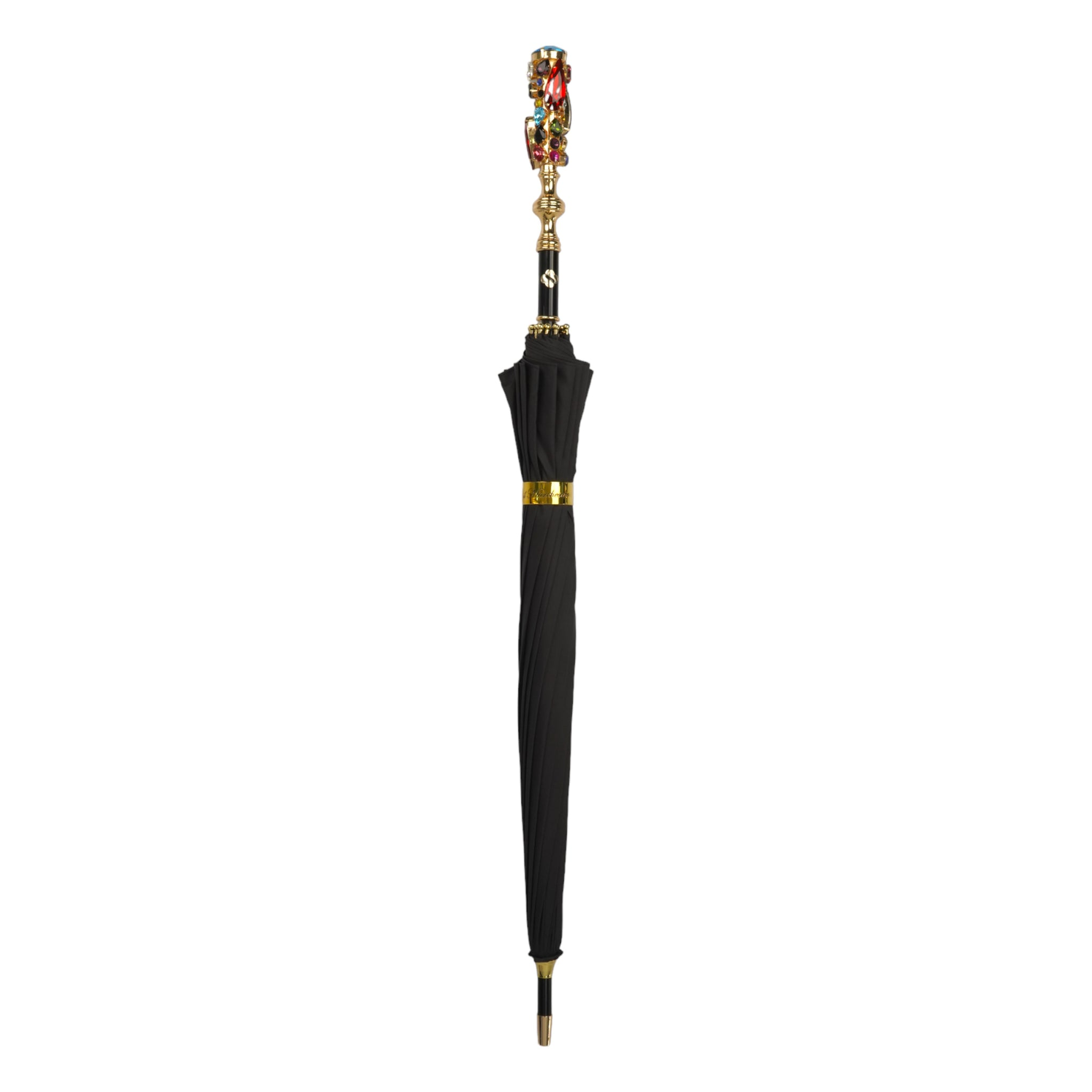 Limited Edition Umbrella – Black Jaquard Canopy | Handmade Gold Handle & Crystal Droplets