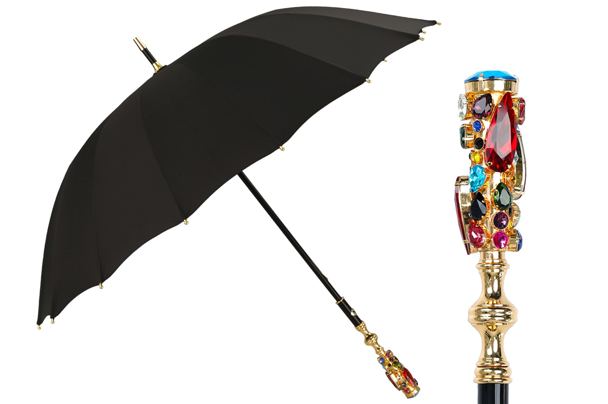 Limited Edition Umbrella – Black Jaquard Canopy | Handmade Gold Handle & Crystal Droplets
