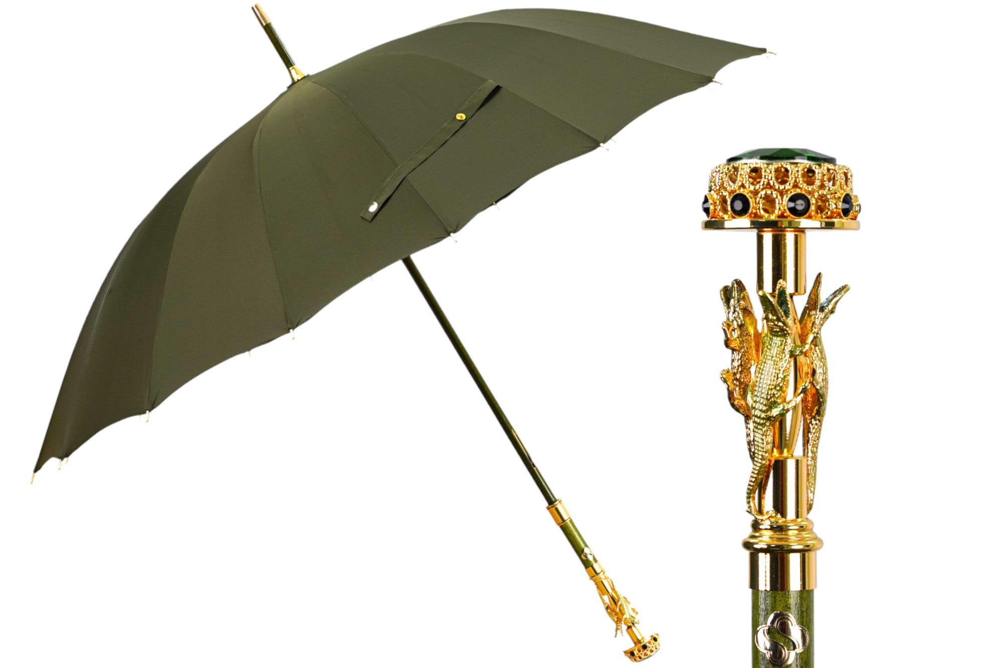 Luxury Green Umbrella – Handmade Italian Dark Green Men’s Rain Umbrella with 24K Gold Handle