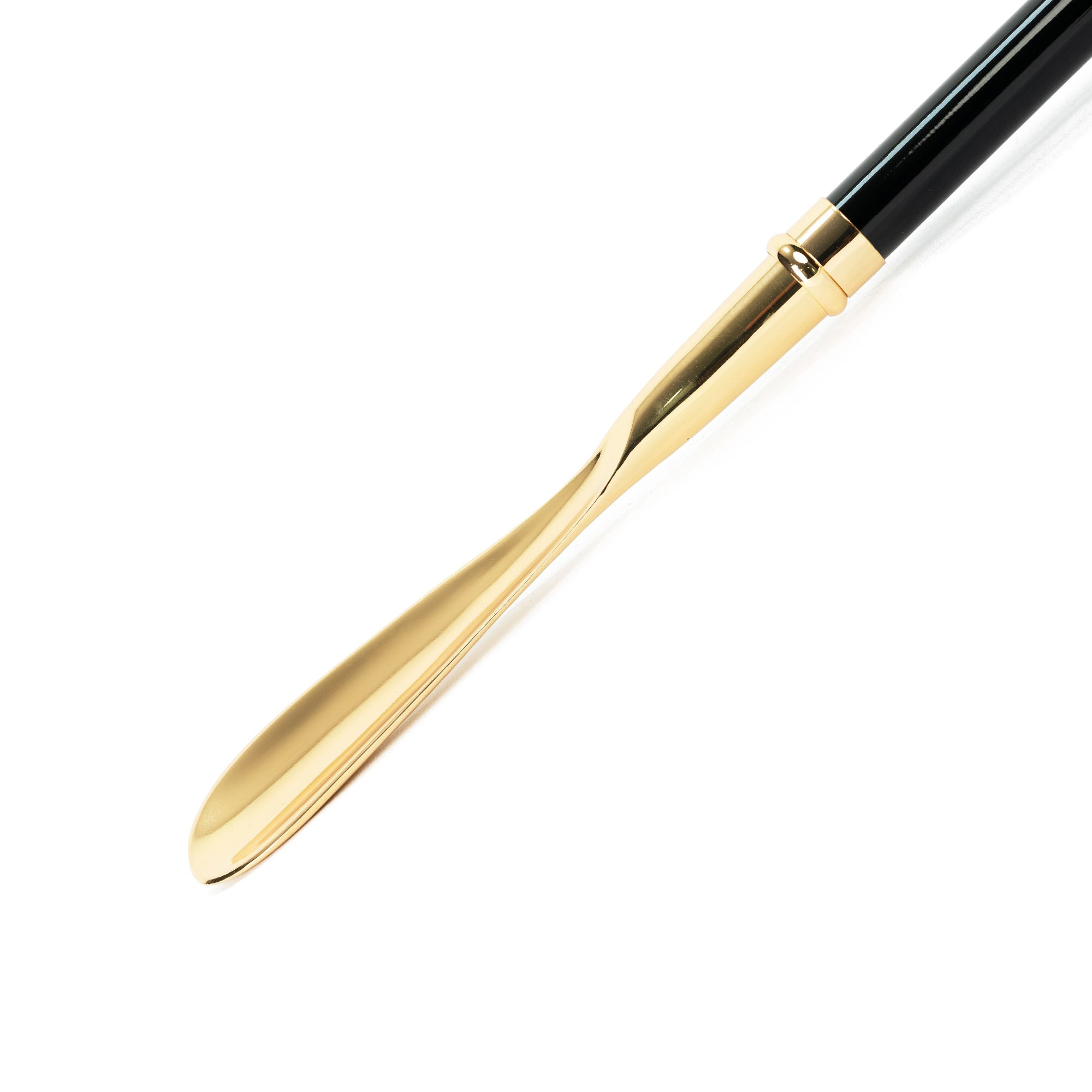 Handcrafted amethyst shoehorn with long handle, 24K gold plating, and crystal sphere tip, designed by Ilmarchesato