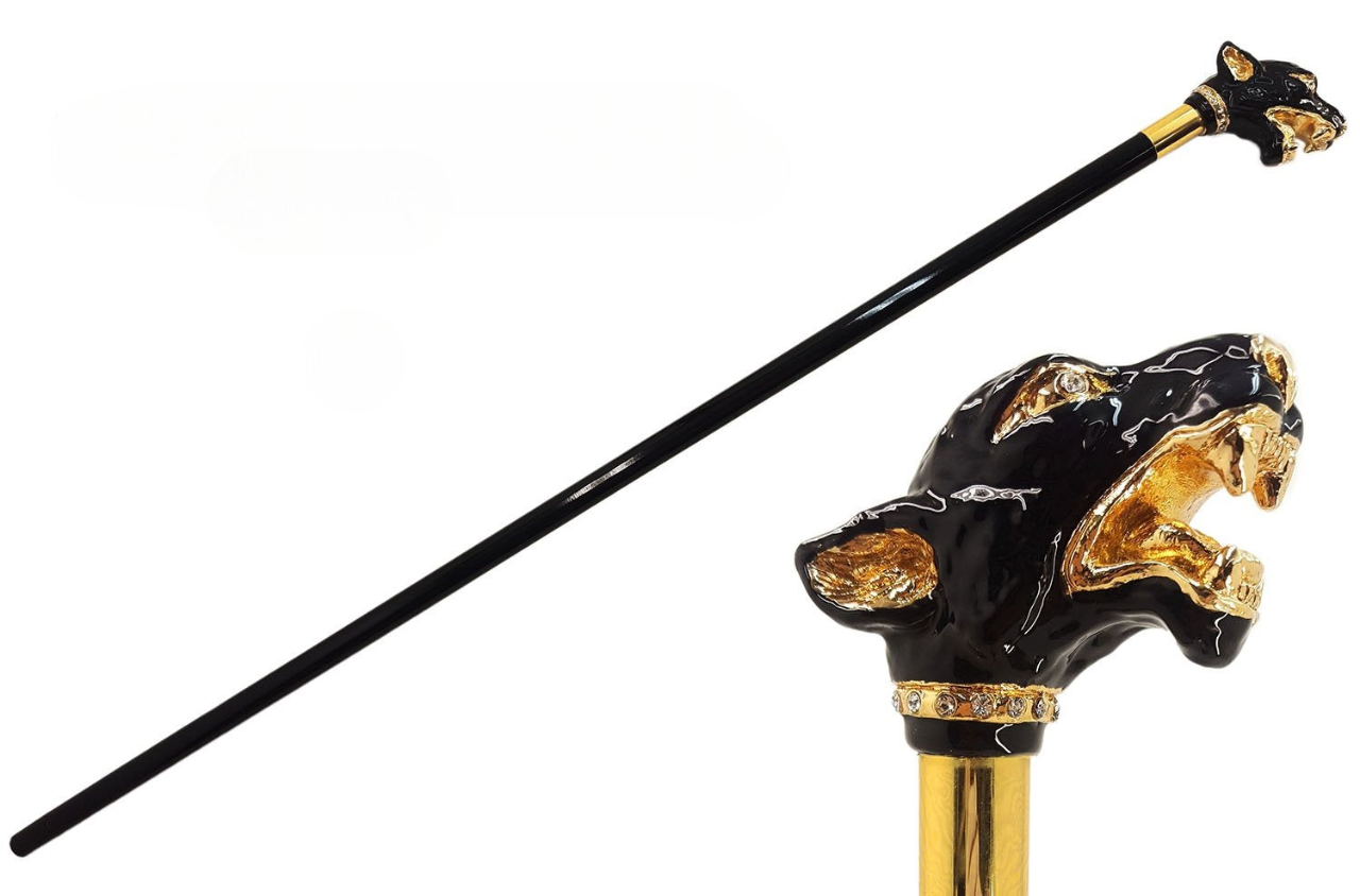 Gold-Plated Walking Cane – Luxury Dog Head Handle, Hand-Painted Enamel, Italian Handmade