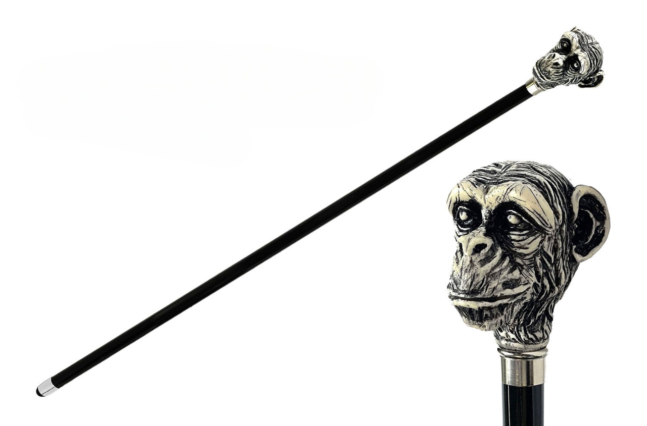 Ivory Lacquer Walking Stick – Hand Painted Monkey Handle Cane With Silver Plated Details
