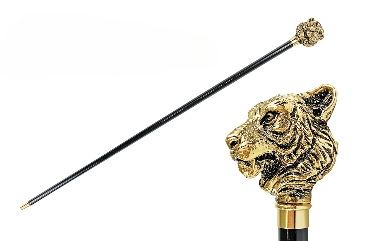 Gold Plated Walking Stick – Handcrafted Italian Tiger Design Cane with Black Beech Wood