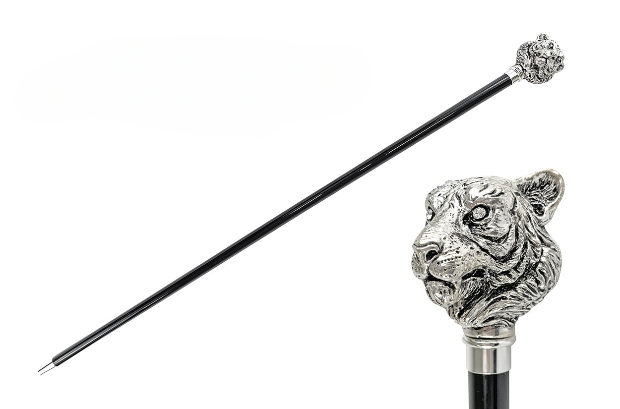 Handmade Walking Stick – Italian Artisan Cane with Silver-Plated 925 Tiger Handle
