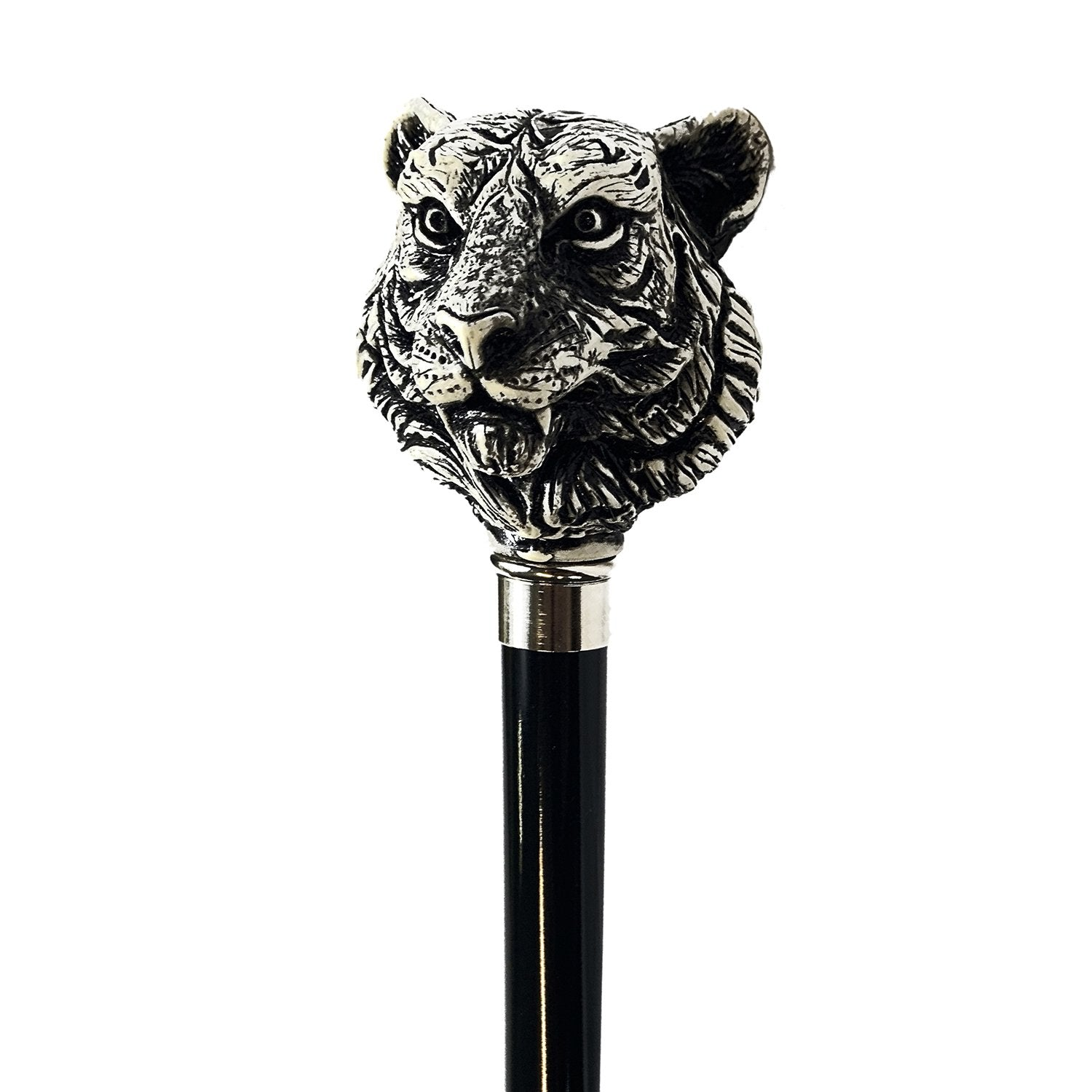 Hand-Painted Walking Cane – Italian Black Lacquered Cane With Tiger Design Handle