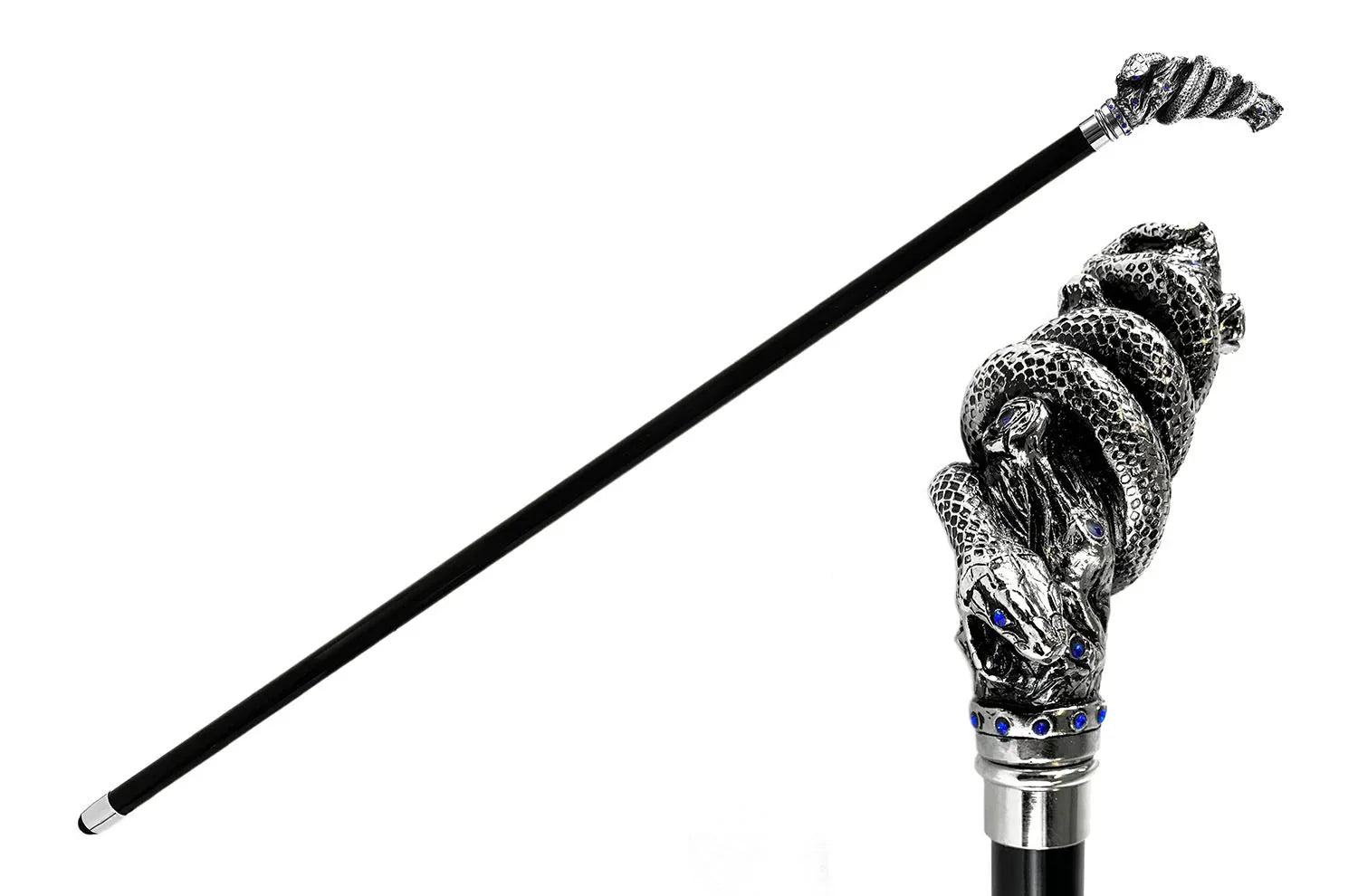 Silver-Plated Snake Cane - Handmade Italian Luxury Walking Stick with Sapphire Crystals