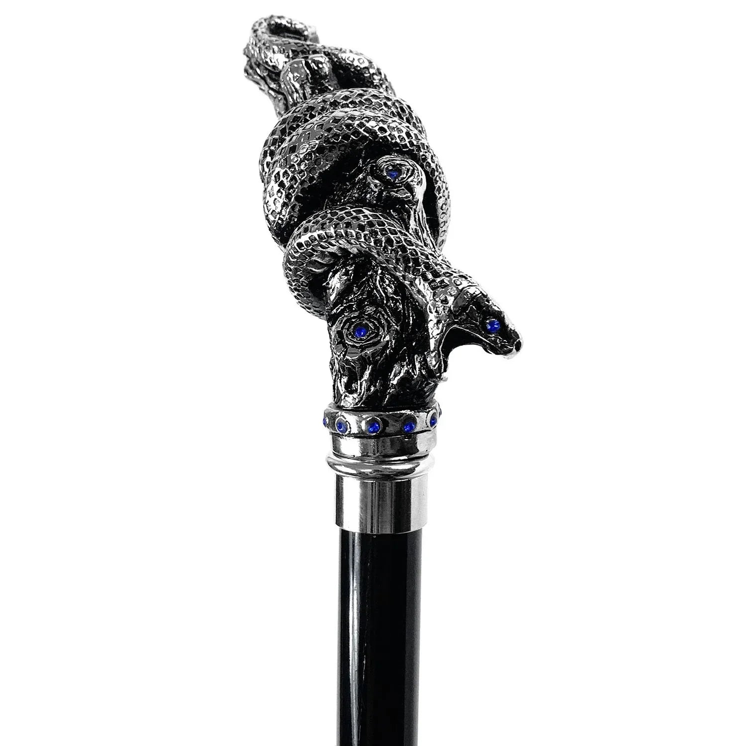 Silver-Plated Snake Cane - Handmade Italian Luxury Walking Stick with Sapphire Crystals