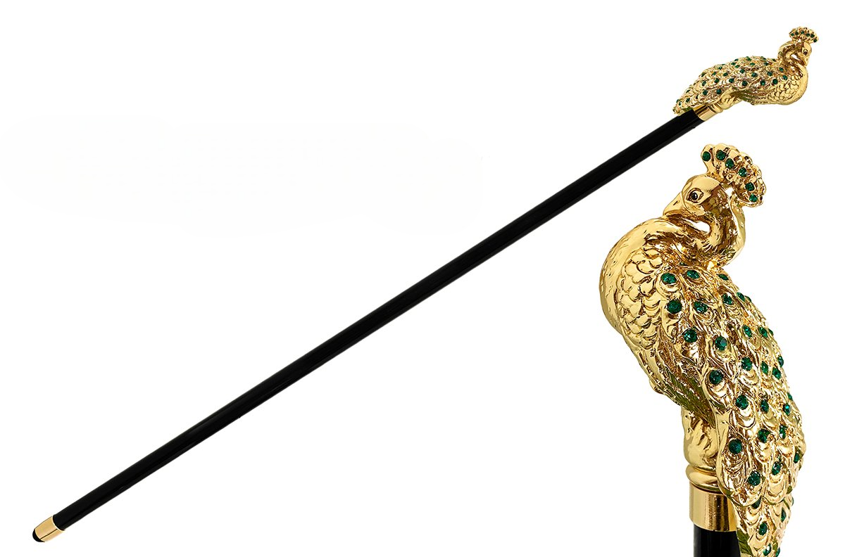 Luxury Gold Walking Stick – 24K Gold Peacock Cane with Emerald Swarovski Elements
