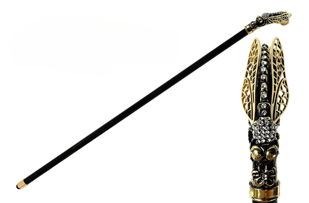 Luxury Walking Stick – Handmade Dragonfly Handle Cane with 24K Gold Plating & Crystals
