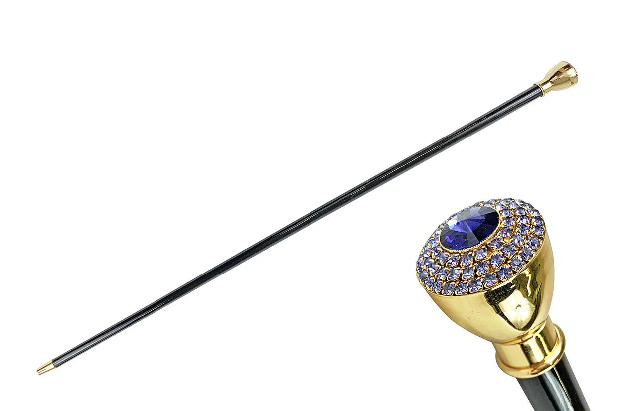 Luxury Walking Cane – Gold Plated Cane with Tanzanite Crystal & Black Beech Wood Shaft