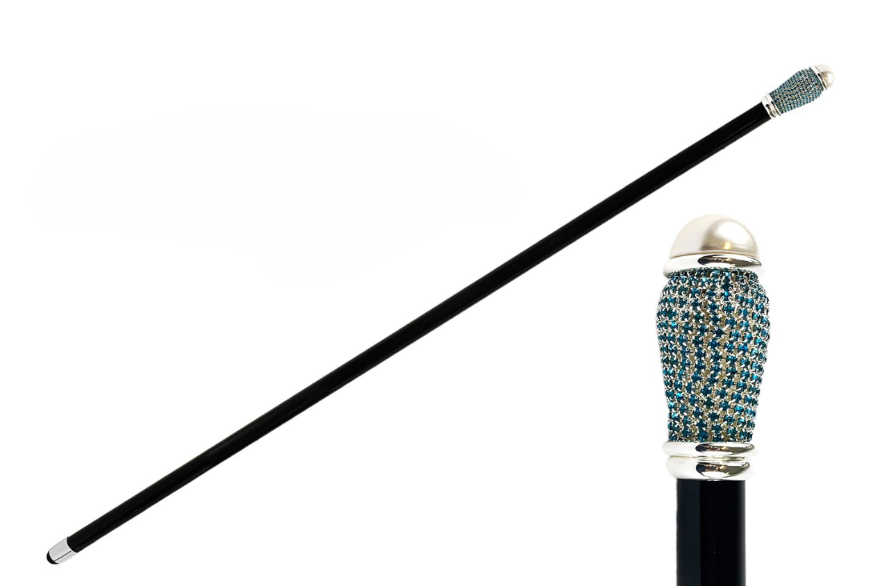 Luxury Walking Stick - Italian Handmade Cane with Pearl Knob & Aquamarine Crystals