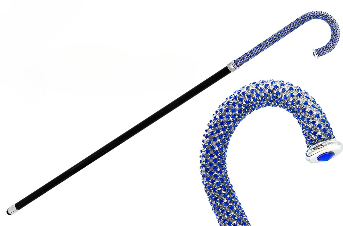 Silver Plated Walking Stick – Luxury Sapphire Crystal Cane with Black Lacquered Shaft