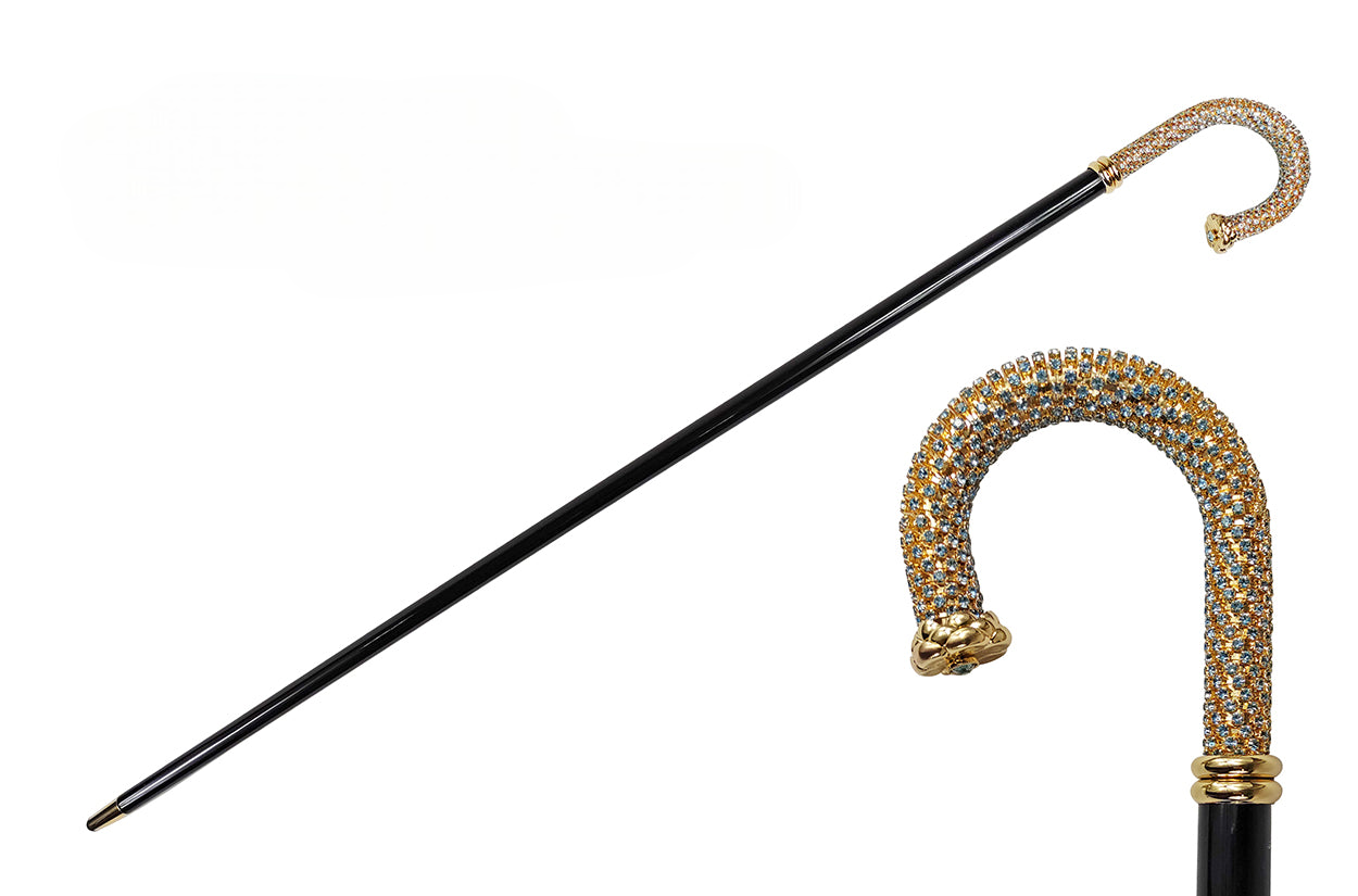 Luxury Walking Stick - Italian Handcrafted Beech Wood Cane with Aquamarine Crystals