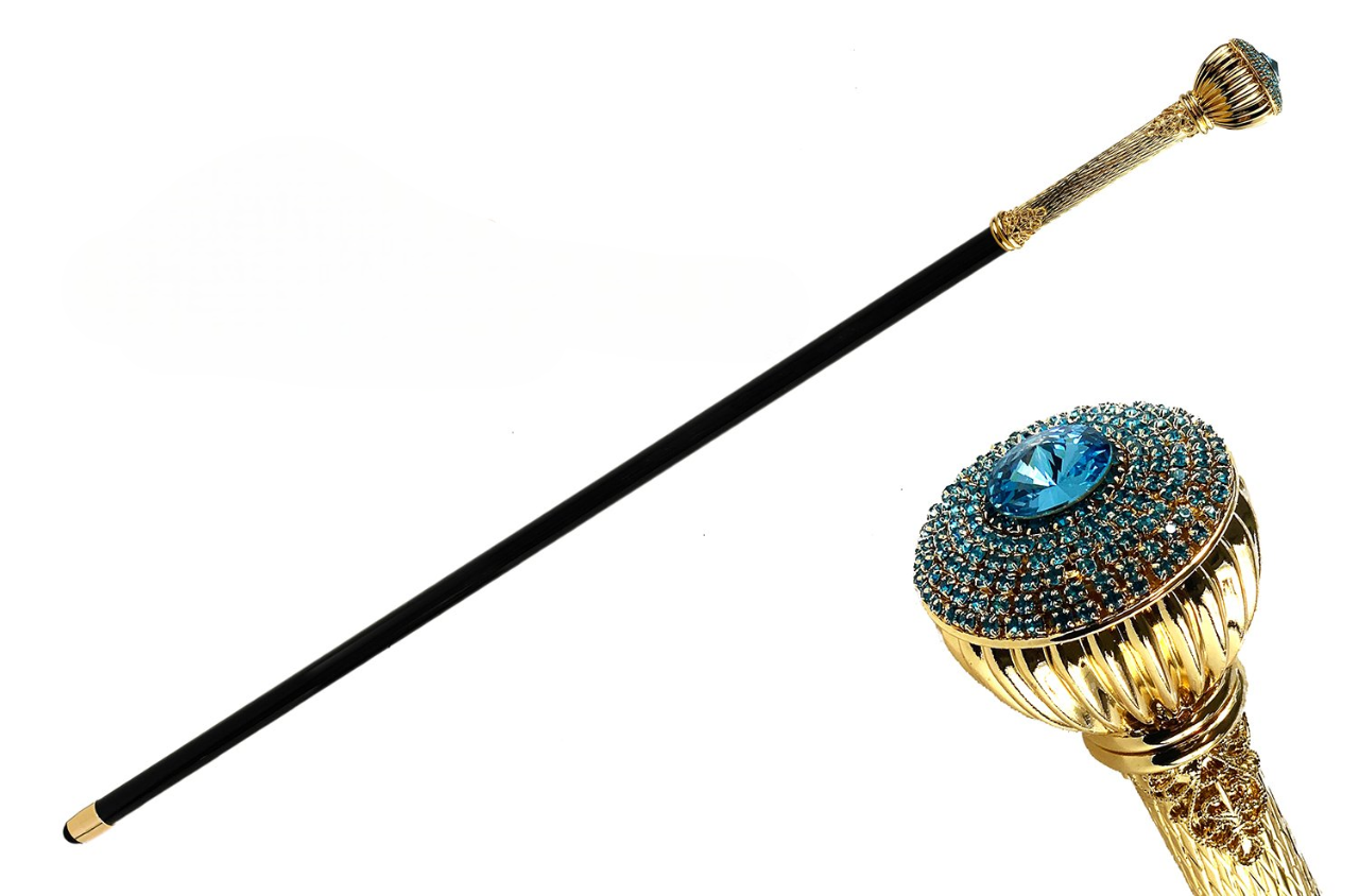 Luxury Walking Stick – Handmade Italian Cane with Aquamarine & Swarovski Crystal