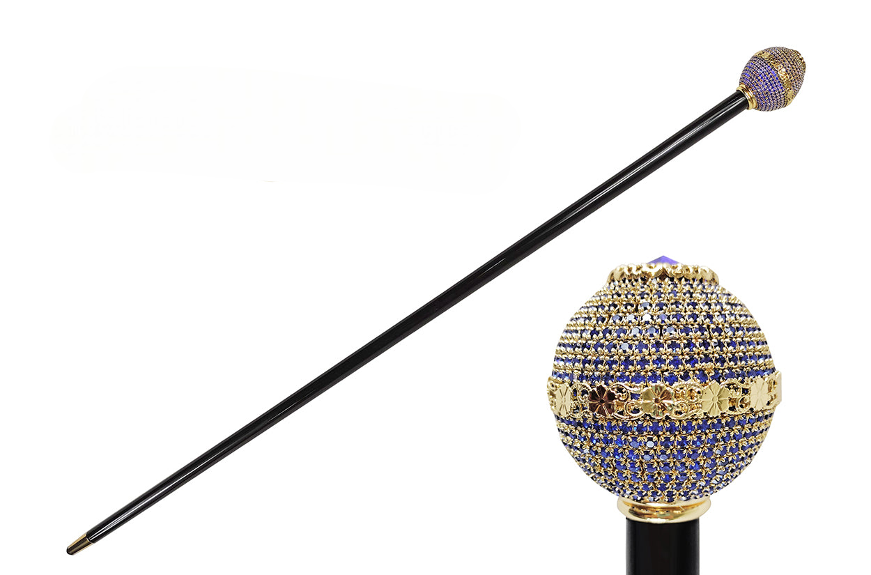 Luxury Walking Stick – Handmade Italian Cane with Sapphire Crystals & 24K Gold Plating