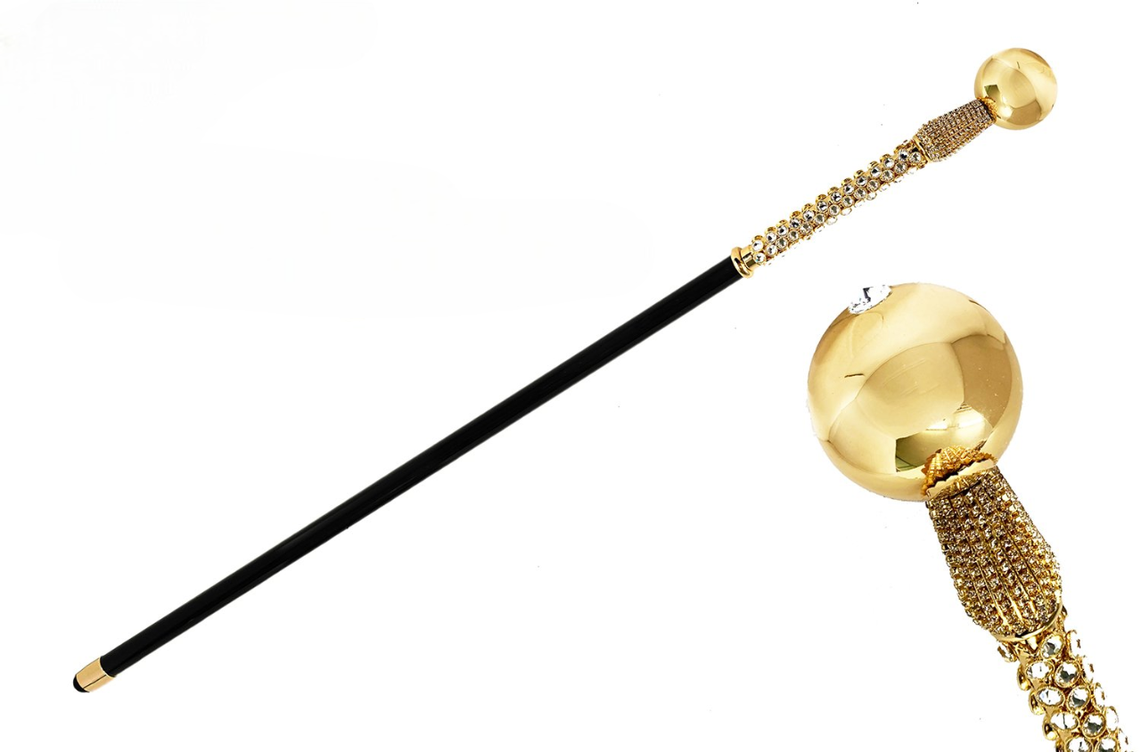 Gold Plated Walking Stick - Handmade Italian Cane with Swarovski Crystal Sphere Handle
