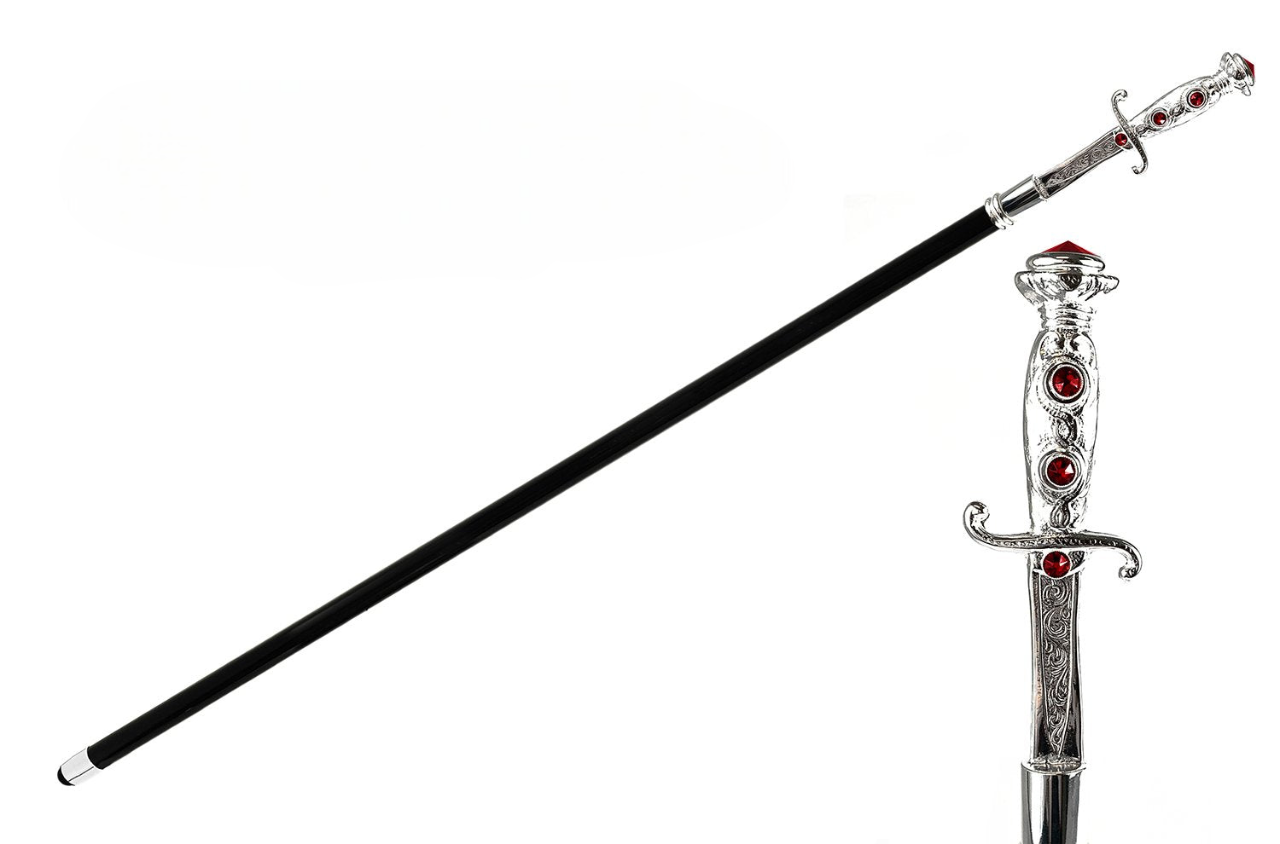 Silver Plated Walking Stick – Handmade Italian Sword Handle Cane with Black Lacquer Shaft