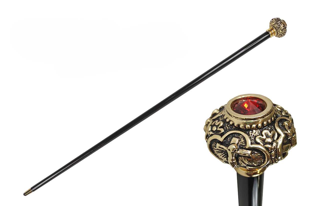 Designer Walking Stick – Handmade Italian Cane with 24K Gold Knob & Red Crystal