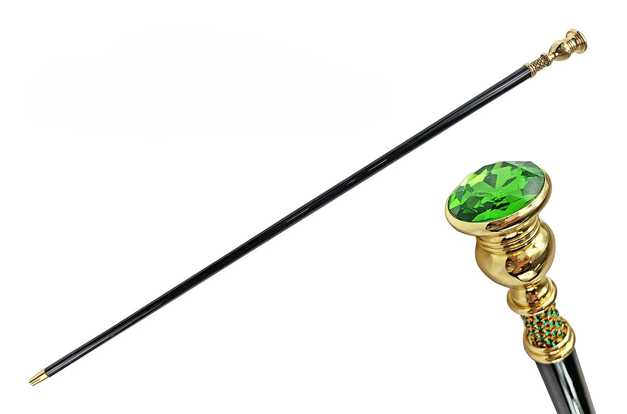 Emerald Crystal Walking Cane – Handcrafted 24K Gold Plated Handle, Beechwood Shaft