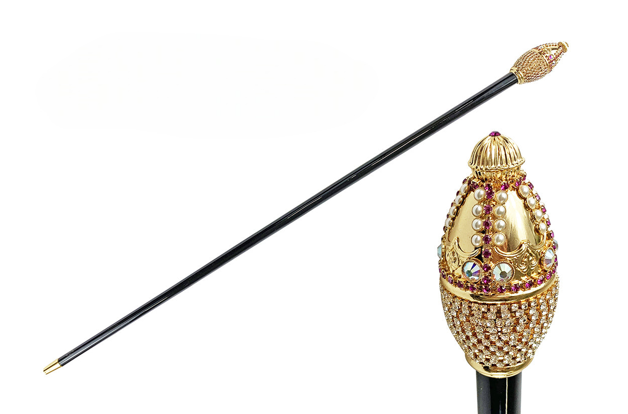 Luxury Ilmarchesato walking cane adorned with crystals, pearls, and 24K gold plating, showcasing elegance and craftsmanship.