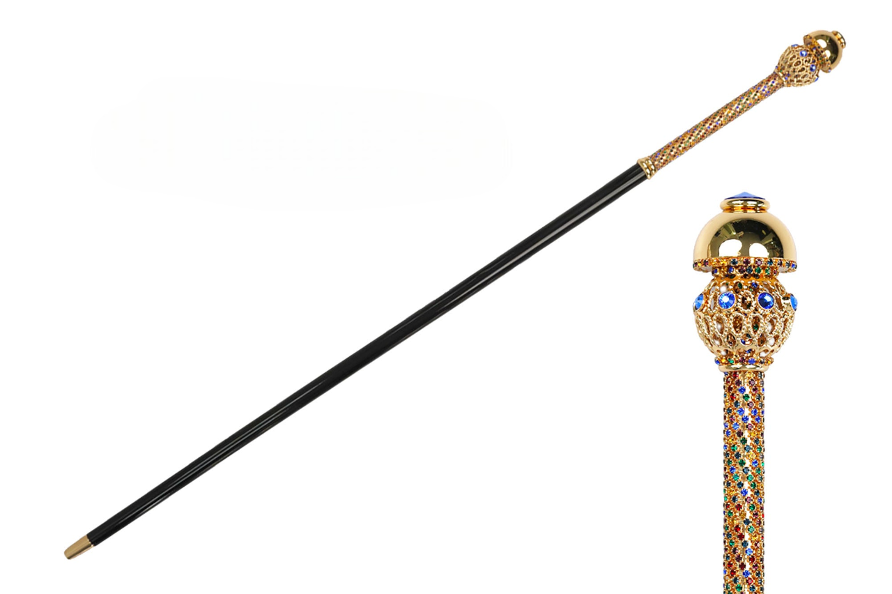 Gold Plated Walking Cane – Designer 24K Gold Handle with Crystal Adornments