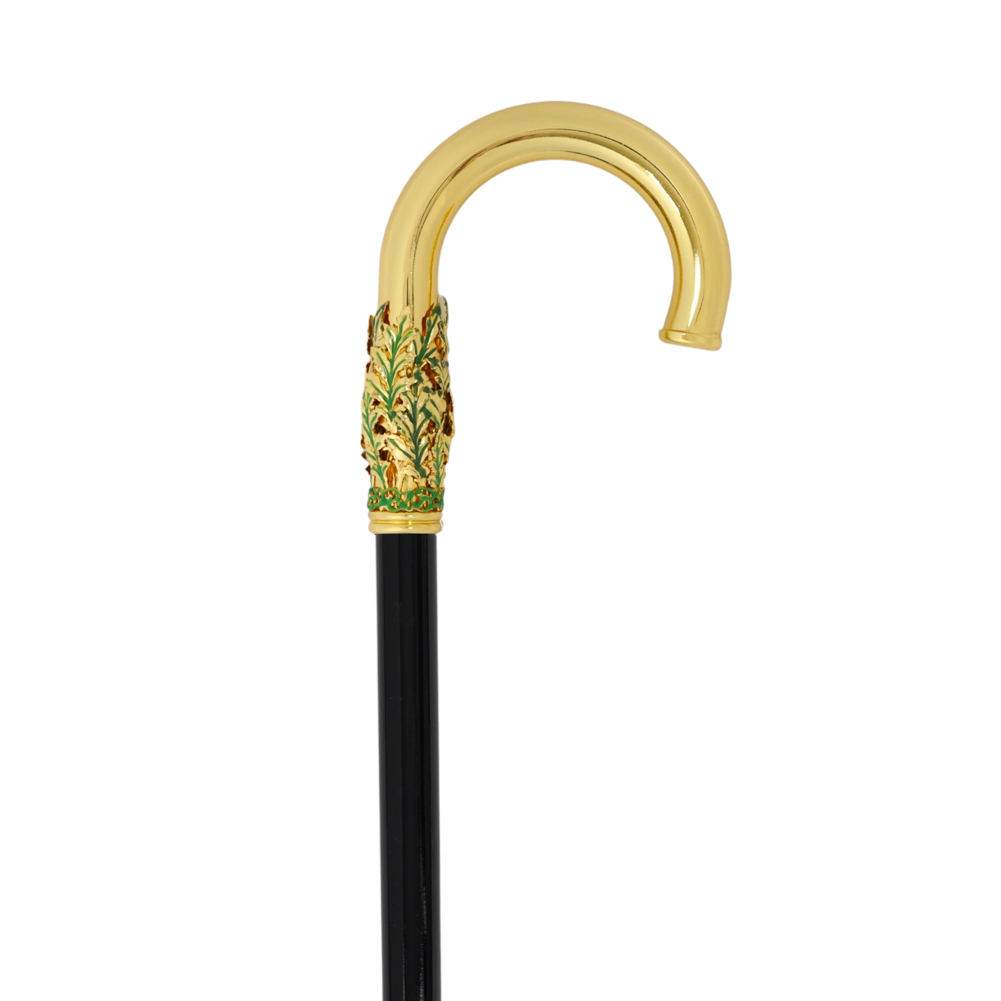 Handcrafted Italian 24K gold walking cane with leaf handle by Ilmarchesato, showcasing elegant artisan design and luxurious details.