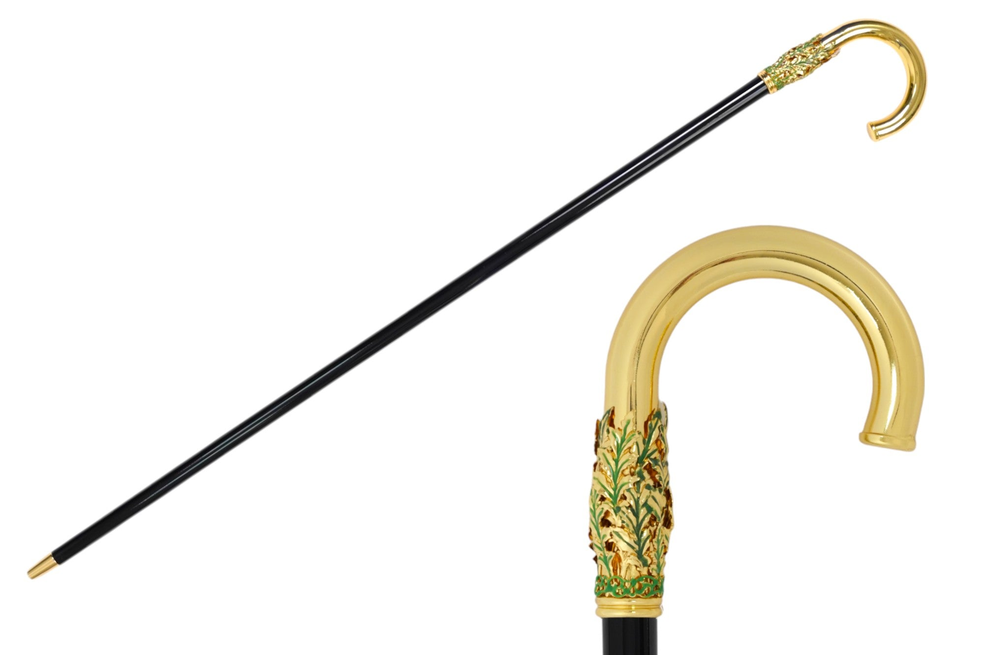 Handcrafted Italian 24K gold walking cane with leaf handle, elegant and durable design by Ilmarchesato.