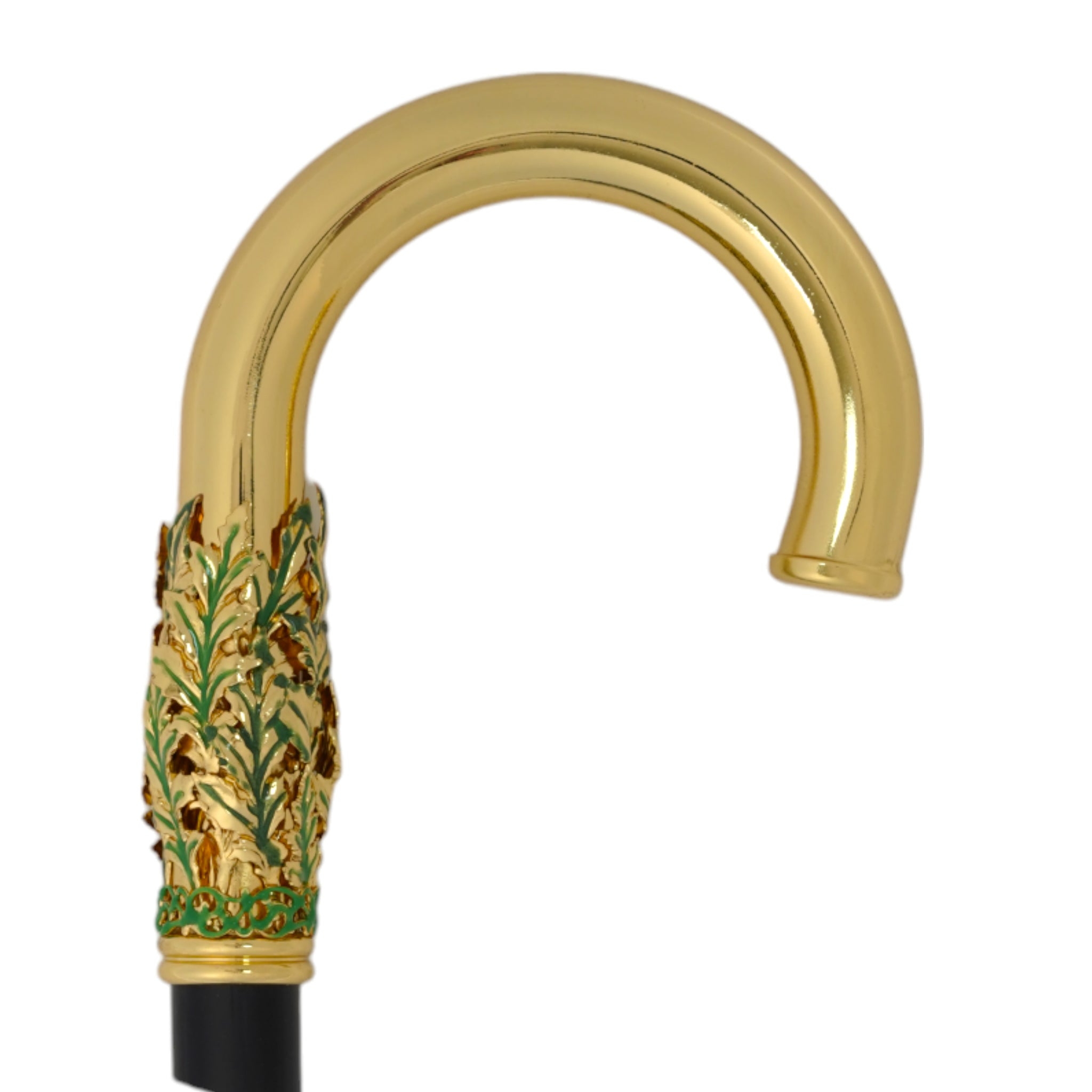 Handcrafted Italian 24K gold walking cane with a detailed leaf handle by Ilmarchesato, showcasing elegant craftsmanship and luxurious design.
