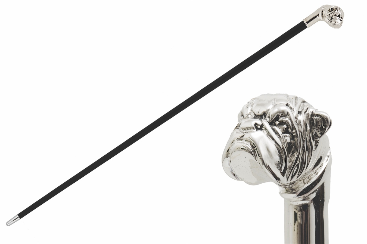 Silver Bulldog Walking Cane – Luxury Handmade Italian Polished Wood Designer Cane