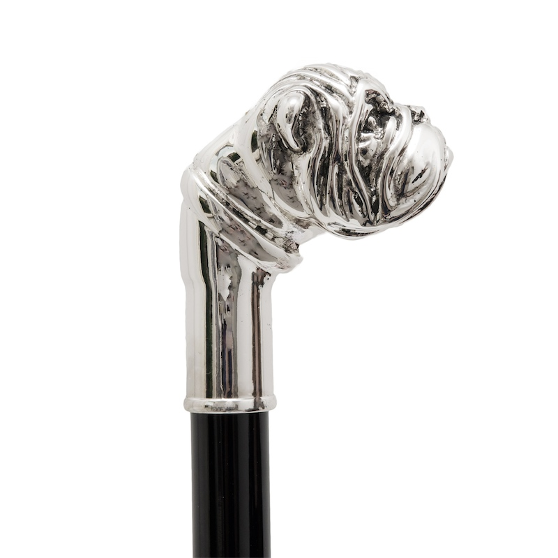 Silver Bulldog Walking Cane – Luxury Handmade Italian Polished Wood Designer Cane