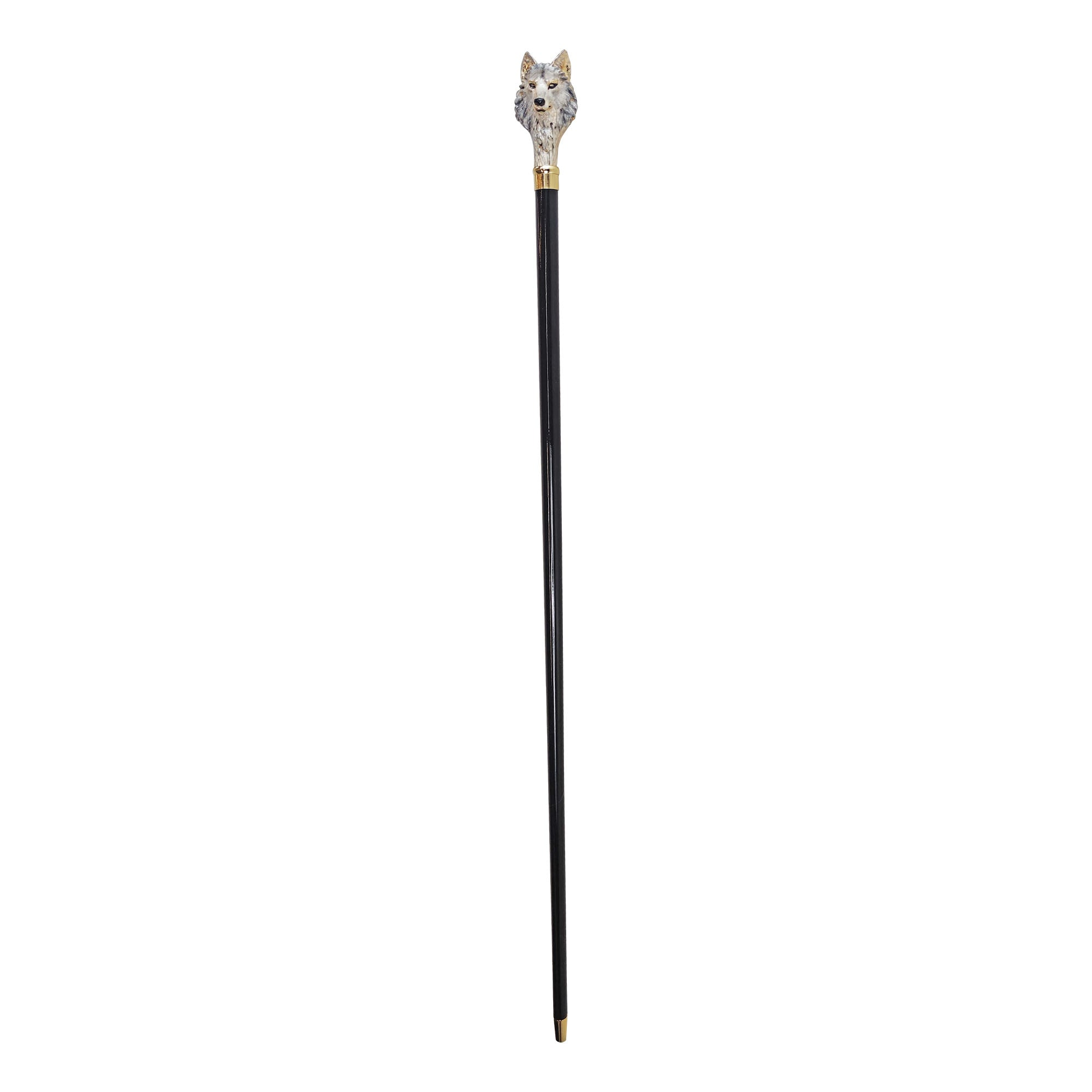 Gold Plated Walking Stick – Hand Painted Wolf Handle Cane with Black Beechwood Shaft