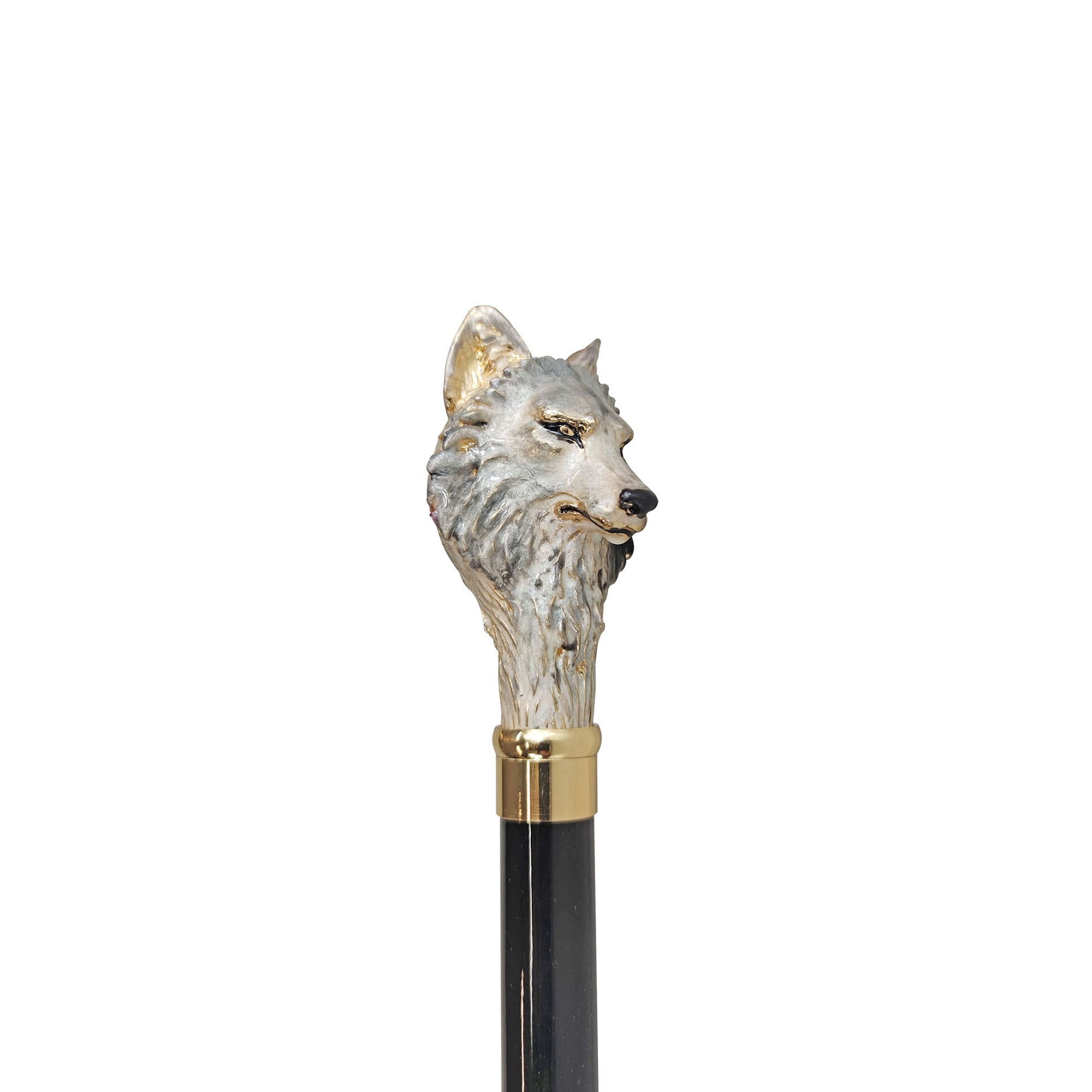 Gold Plated Walking Stick – Hand Painted Wolf Handle Cane with Black Beechwood Shaft