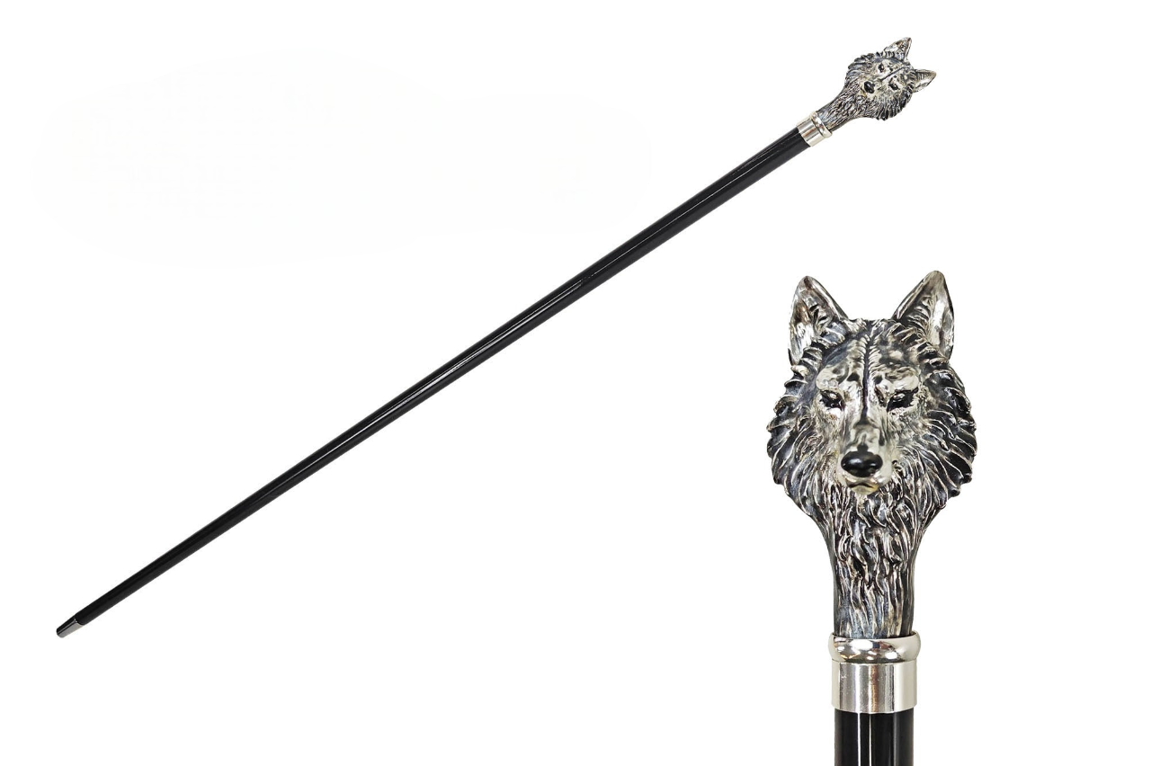 Silver Plated Walking Cane – Handcrafted Black Beechwood Cane with Wolf Handle