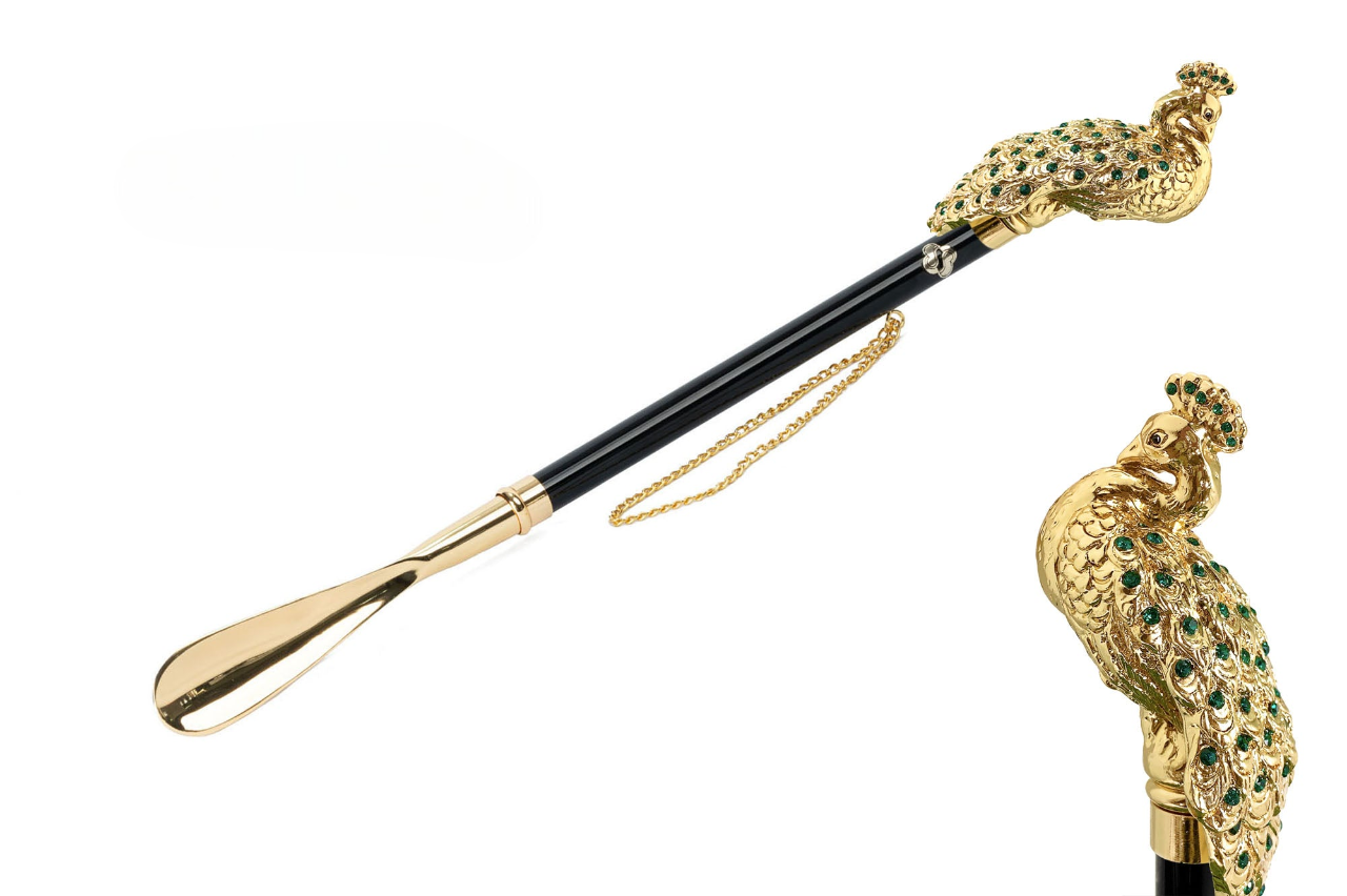 Gold Plated Shoehorn – 24K Long Handled Peacock Handle with Emerald Crystals