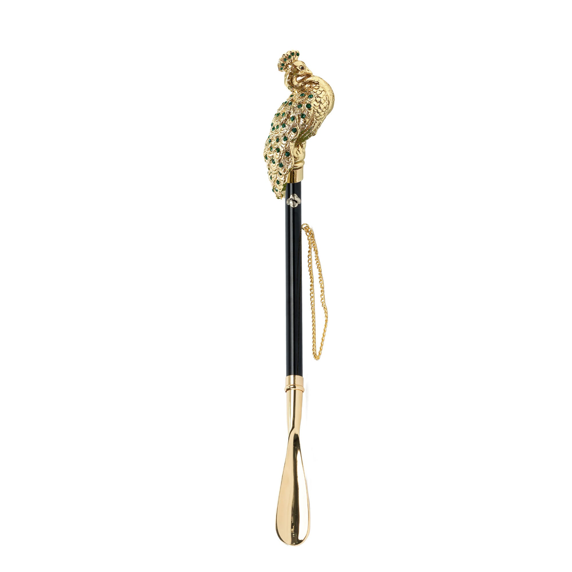Gold Plated Shoehorn – 24K Long Handled Peacock Handle with Emerald Crystals