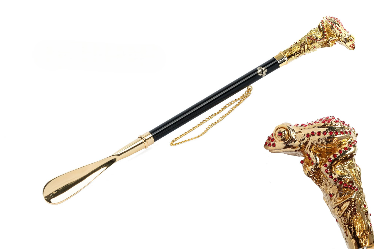24K Gold Shoehorn – Handcrafted Italian Frog Handle with Siam Crystals, Gift Box