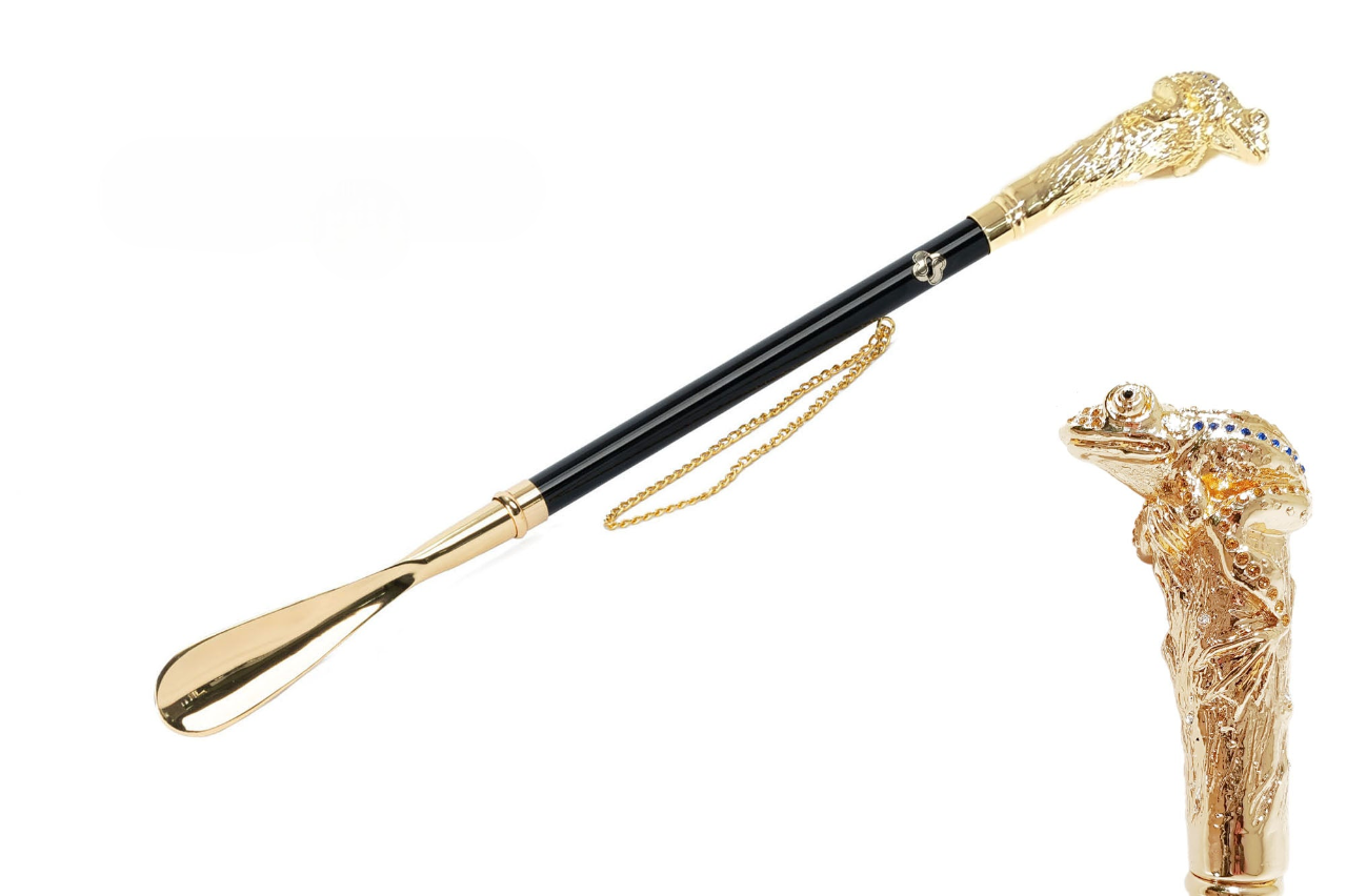 24K Gold Shoehorn – Handcrafted Italian Frog Handle With Sapphire Crystals