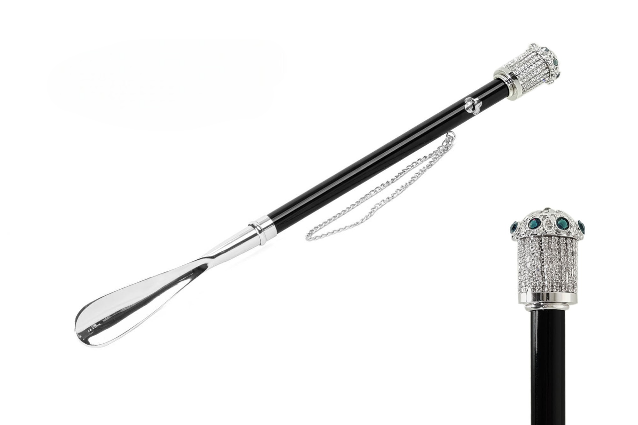 Stylish Shoehorn – Long Handled Silver Plated with Blue Crystal Handle Gift Box