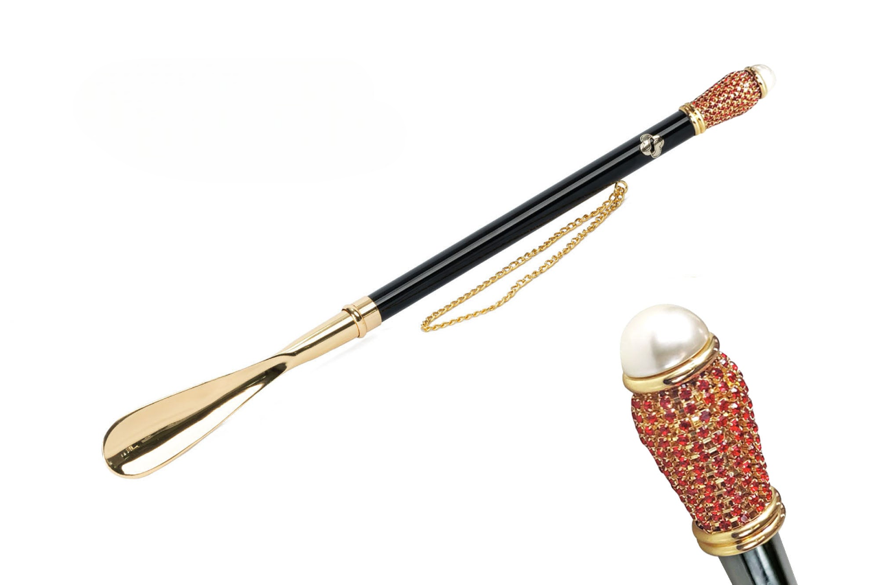 24K Gold Shoehorn – Long Handled Handcrafted Luxury Shoe Horn with Siam Crystals