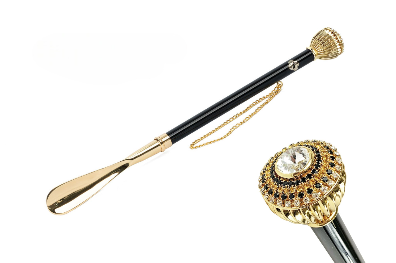 Handcrafted Shoehorn – Long Handled Italian Shoe Horn with Black White Crystals
