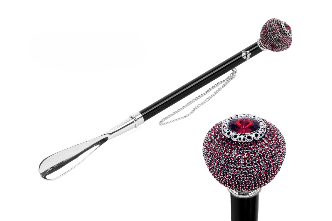 Silver Plated Shoehorn – Long Handled Handcrafted Shoe Horn with Red Crystals