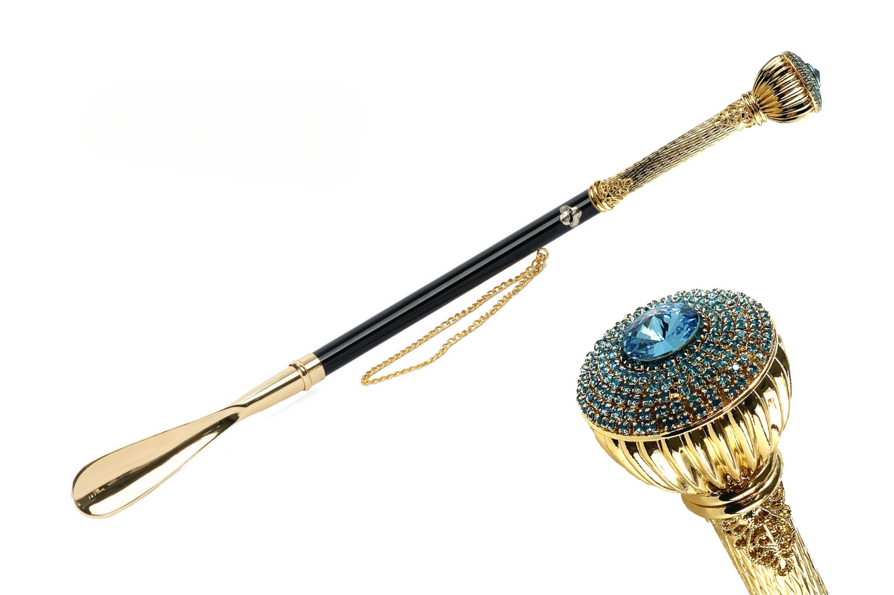Gold Plated Shoehorn | Luxury Handmade Brass Shoe Horn for Leather Shoes with Aquamarine Handle