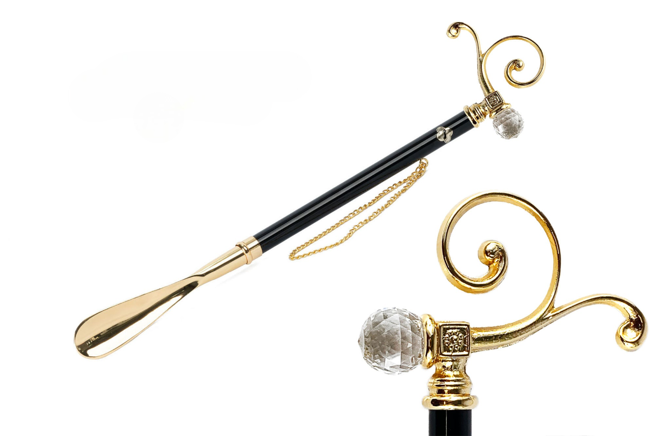 Italian Shoehorn - Long Handled Gold Plated Shoehorn with Crystal Handle | Luxury Footwear Accessory