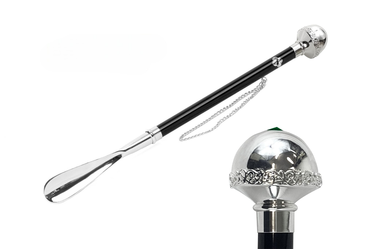 Silver Plated Shoehorn – Handcrafted 925 Brass with Emerald Crystal Knob, 53cm