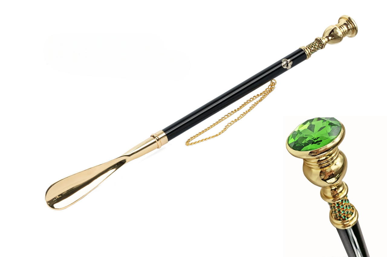 Italian Shoehorn – Handcrafted Long Handled 24K Gold Plated with Green Crystal
